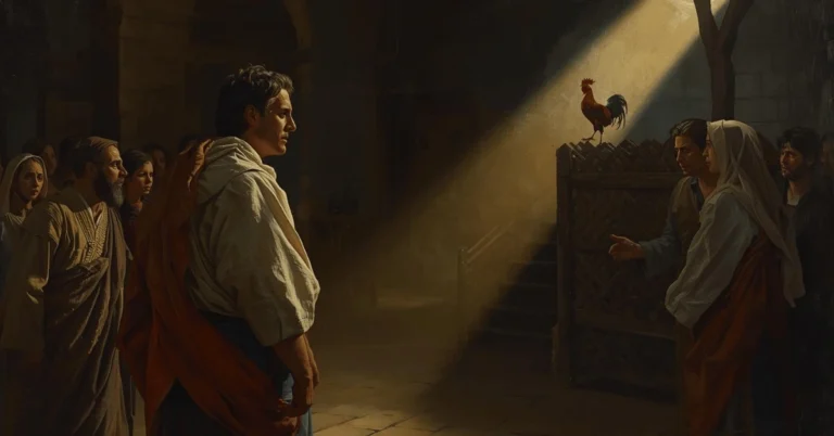 Peter denying Jesus three times in the courtyard during the night of Jesus’ arrest, with a rooster crowing in the background