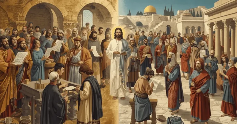 picture comparing Pharisees and Sadducees in the Bible with symbols of law, temple, and resurrection