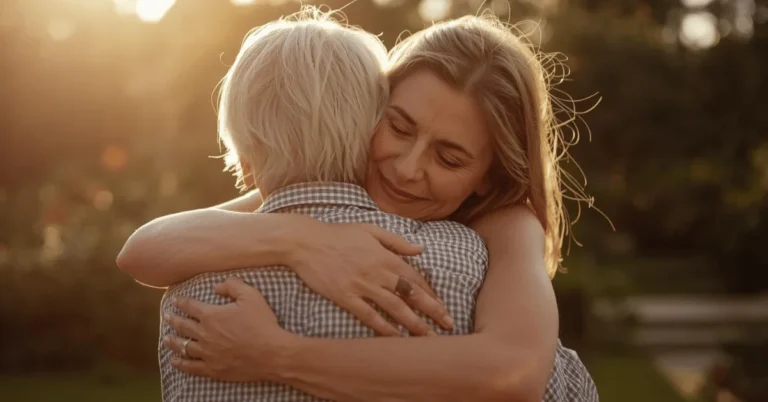 Adult child embracing elderly parent, symbolizing honouring father and mother.