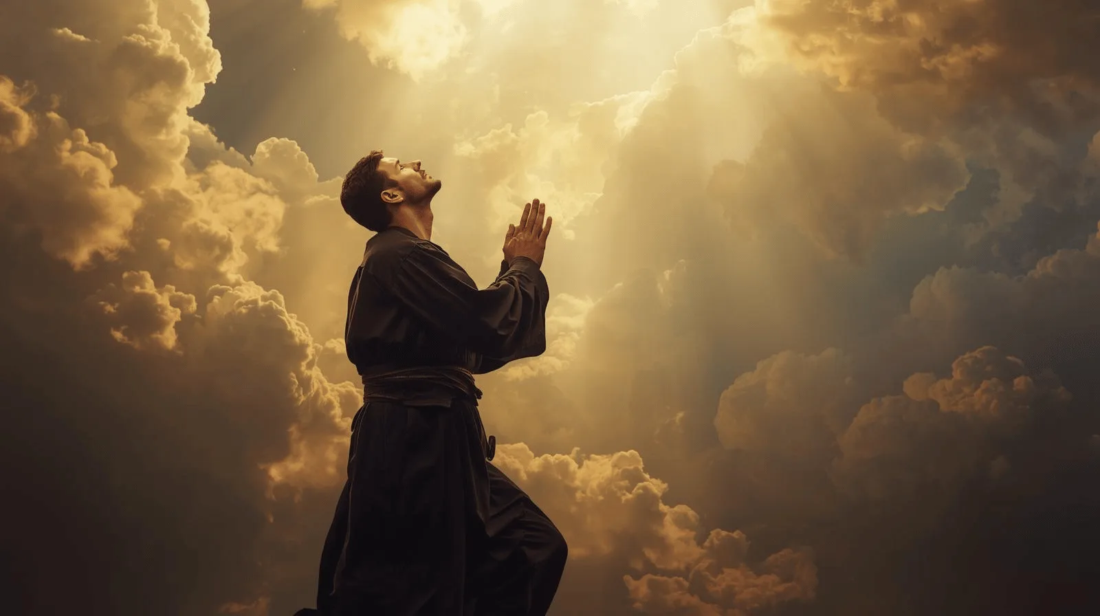 A person praying with hands lifted, symbolizing strength and obedience in facing challenges