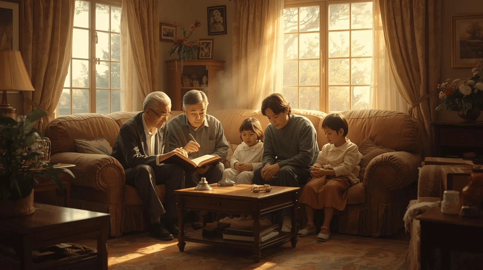 Family across three generations reading the Bible together