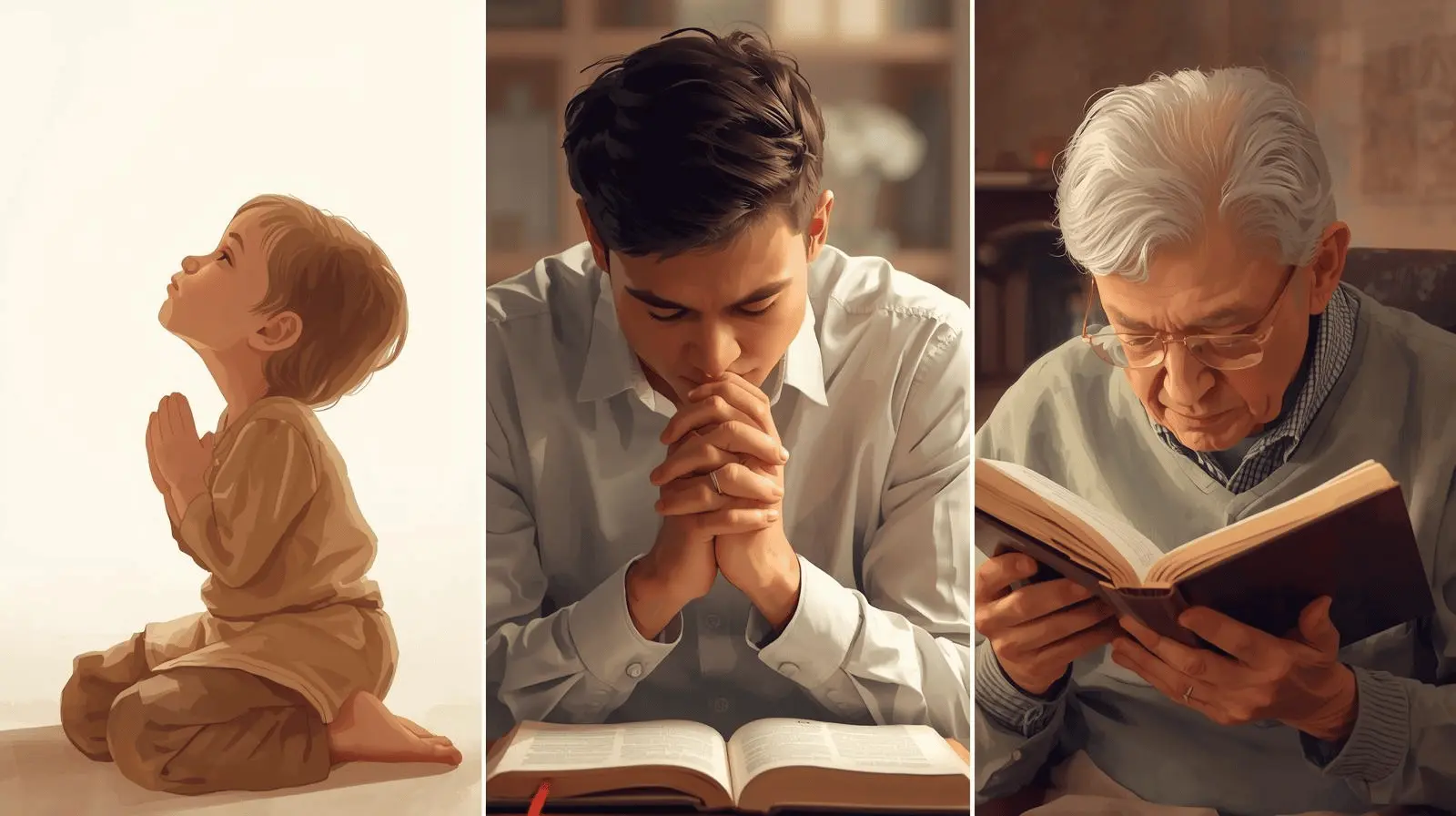 Illustration showing youth, adulthood, and old age with prayerful reflection at different stages of life