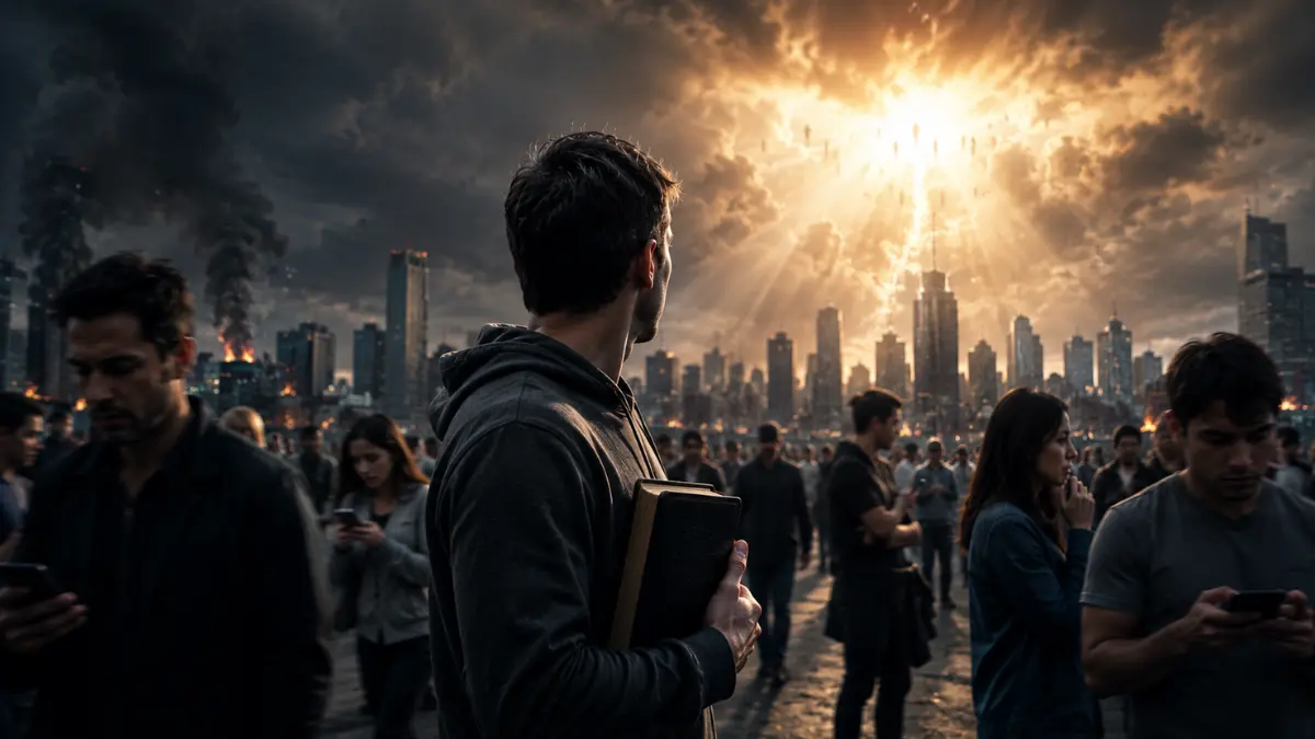 A man holding a Bible stands in a crowded city as dark storm clouds gather and bright light breaks through above.