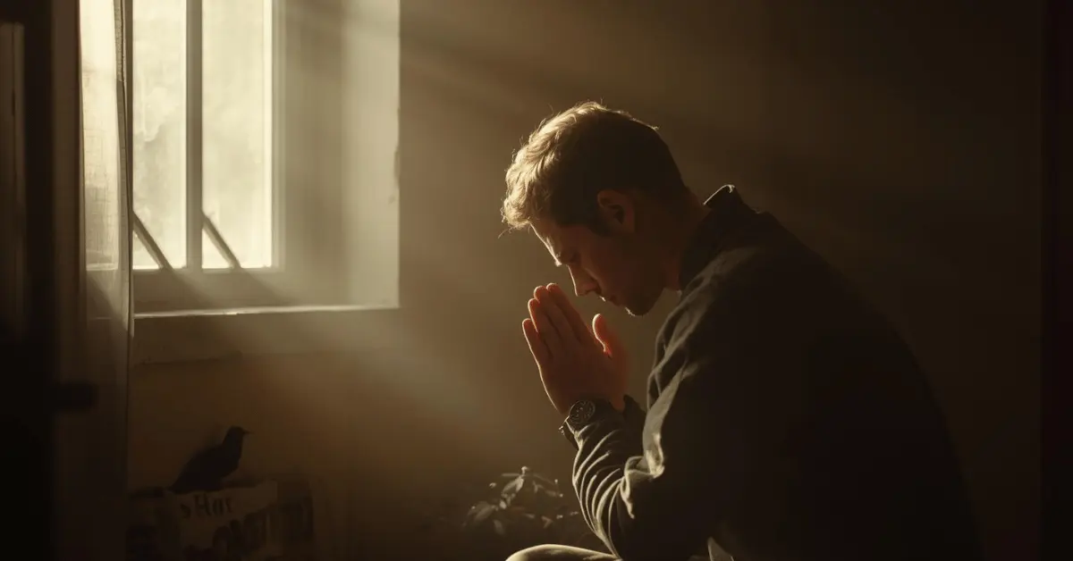 Feature image of a person praying quietly with folded hands and soft sunlight in the background, symbolizing repentance and peace