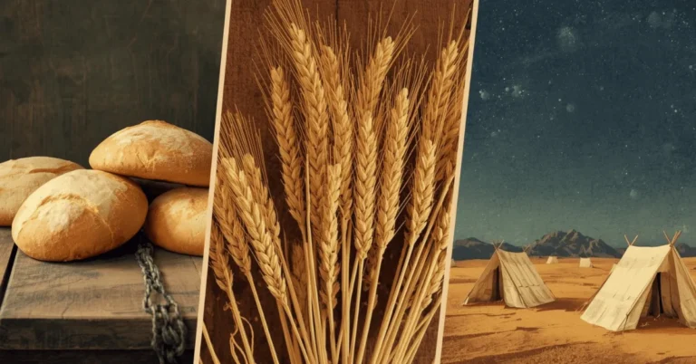 Illustration of the three biblical feasts in Exodus 23 with wheat, unleavened bread, and tents