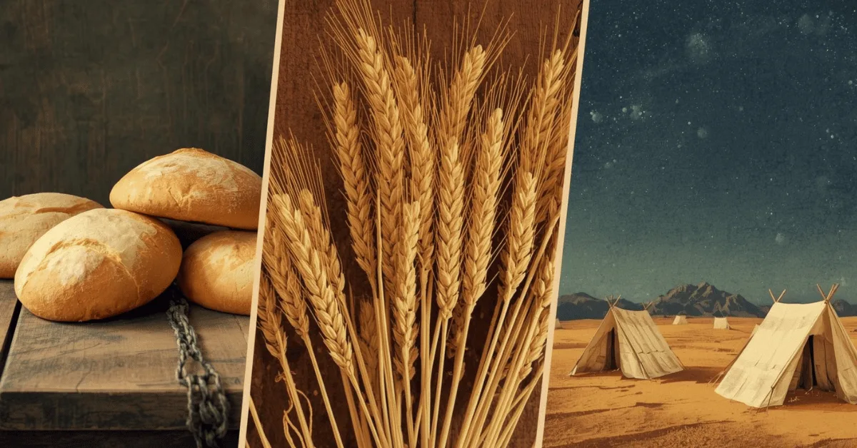 Illustration of the three biblical feasts in Exodus 23 with wheat, unleavened bread, and tents