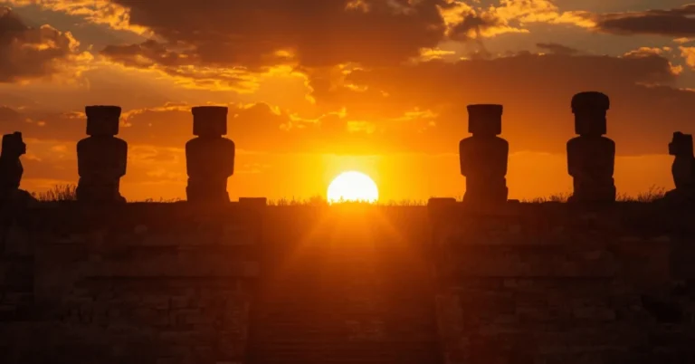 Toltec wisdom beliefs represented by ancient temple ruins under a golden sky