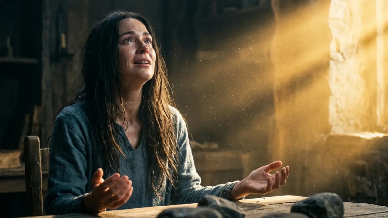 A woman with dark hair sits at a rustic wooden table in a dimly lit stone room, looking upward with tears streaming down her face and an expression of deep gratitude.
