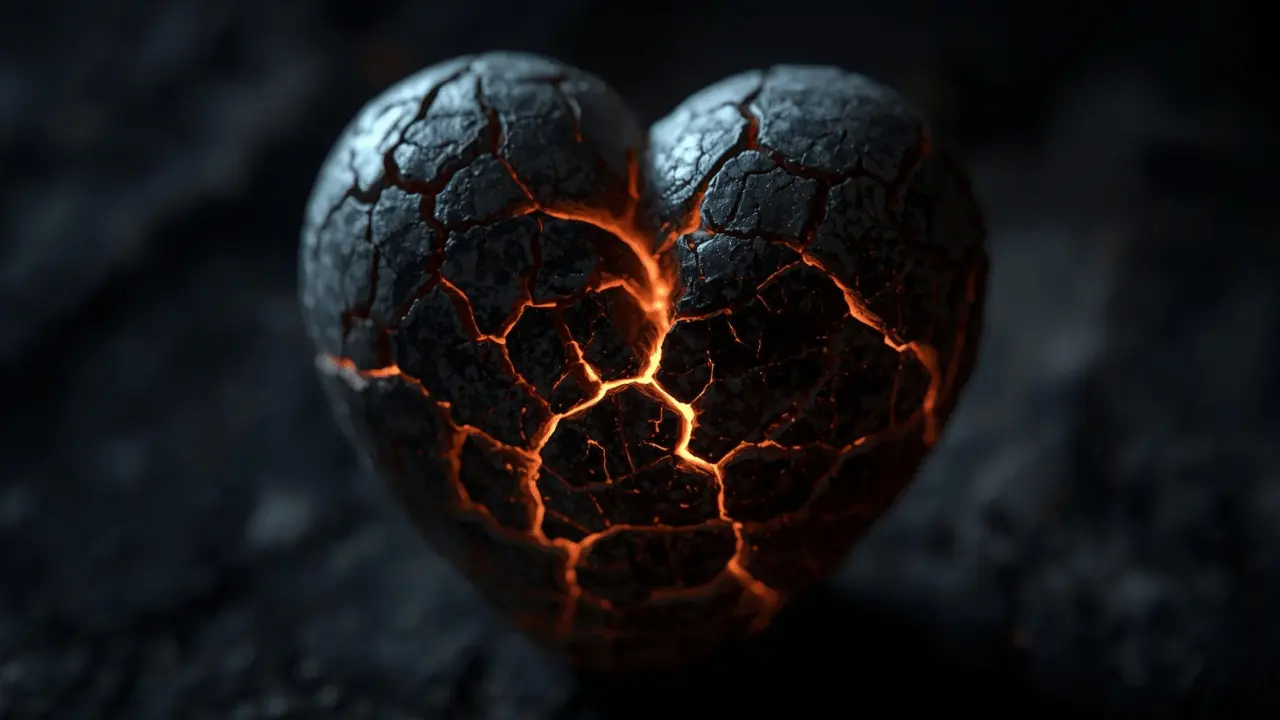 Cracked heart-shaped stone glowing with light from within, symbolizing brokenness transformed by grace and inner healing