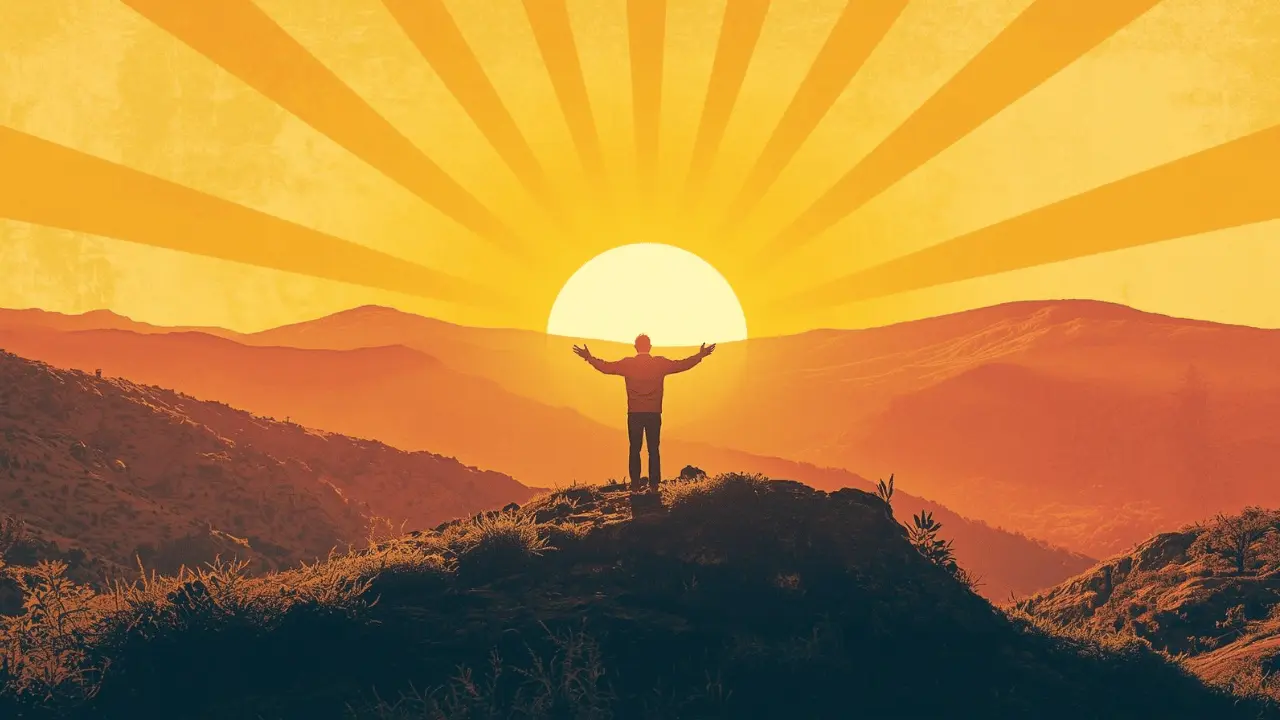 A person standing on a mountain ridge at dawn, hands open toward the sky, symbolizing surrender and divine alignment