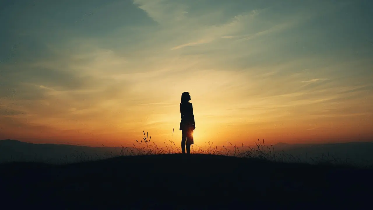 Silhouette of a person standing before a sunrise, arms gently lifted, symbolizing peace and the presence of God
