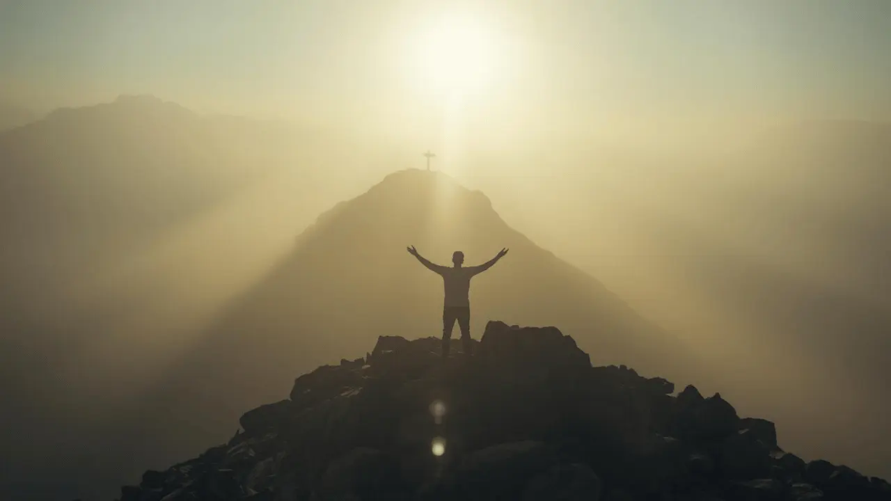 A single figure standing on a quiet mountain ridge at sunrise, bathed in golden light symbolizing Christ’s strength