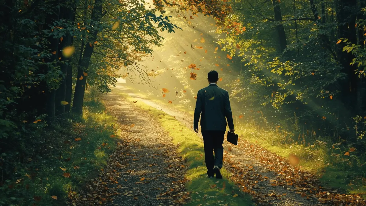 A person walking along a sunlit forest path, carrying a small journal or Bible, symbolizing daily faith in action