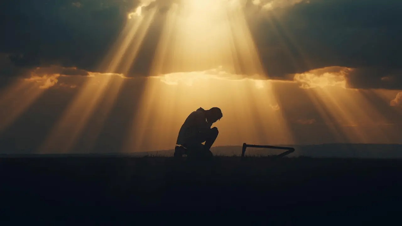 Silhouette of David kneeling with a harp, framed by light breaking through clouds, symbolizing the turning point from fear to worship