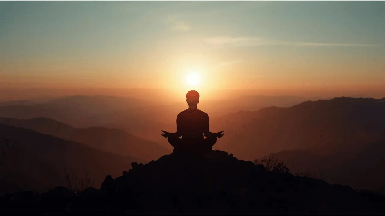Silhouette of a person sitting on a mountaintop, looking toward a radiant horizon filled with golden light — symbolizing wonder and worship