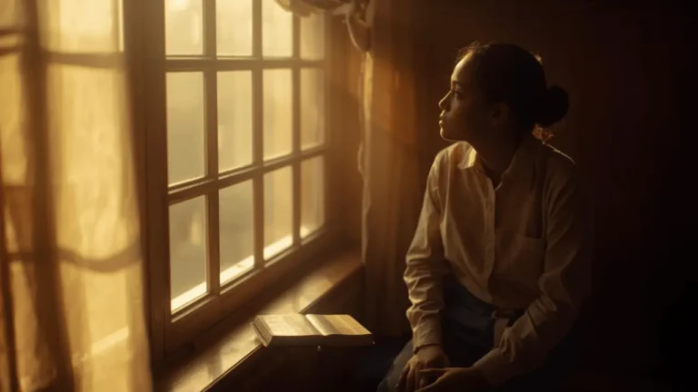 A person in soft morning light sitting in quiet prayer near a window, sunlight streaming in