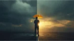 A person standing in the rain holding an umbrella, smiling as sunlight breaks through dark clouds — symbolizing hope, gratitude, and finding blessings in difficult times