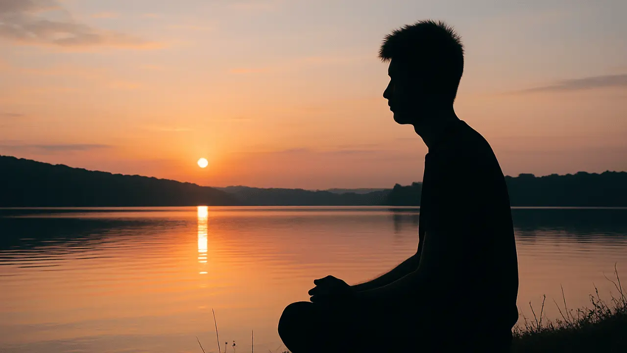 a person sitting in quiet reflection by a calm lake at sunset, symbolizing prayer, meditation, and inner peace inspired by the Psalms