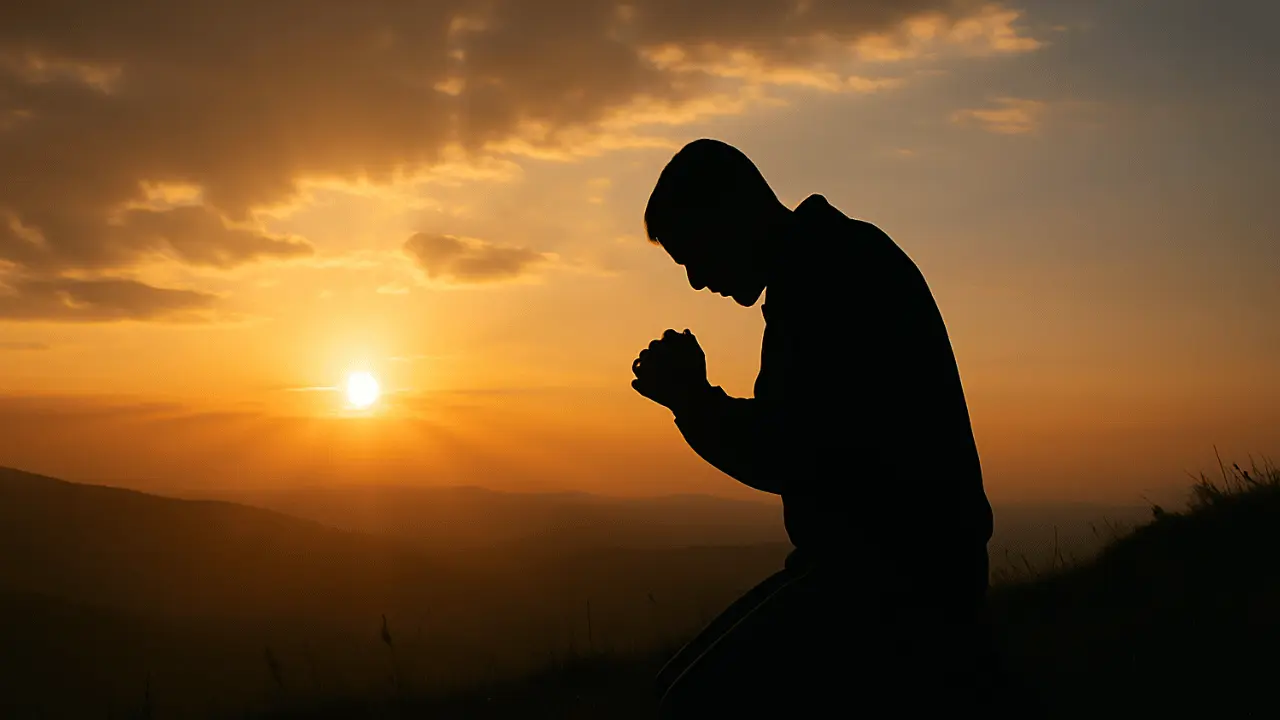 a person praying on a hillside at sunrise, with warm light breaking through clouds — symbolizing faith, peace, and God’s presence