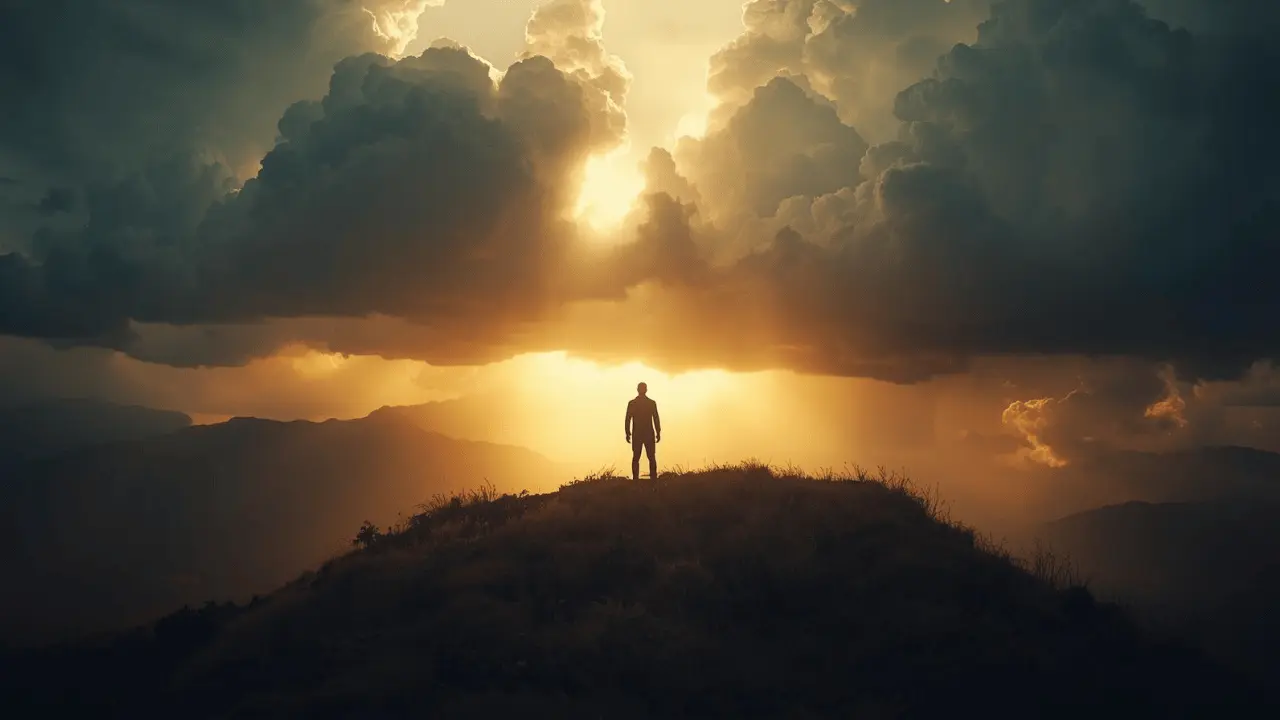 Light breaking through dark clouds, symbolizing God’s deliverance and unbreakable peace
