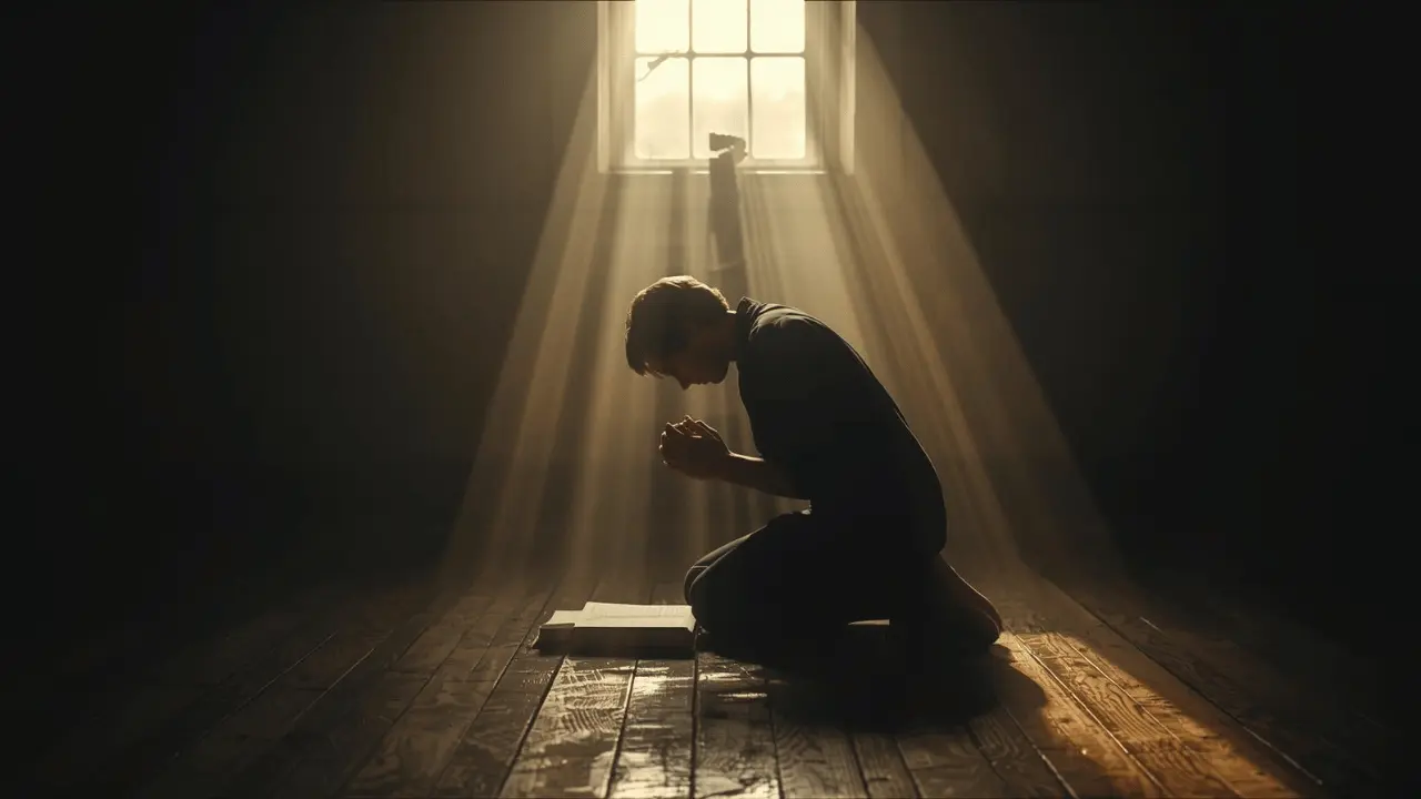 A person kneeling in prayer by a window, light streaming in as a symbol of God’s sustaining strength