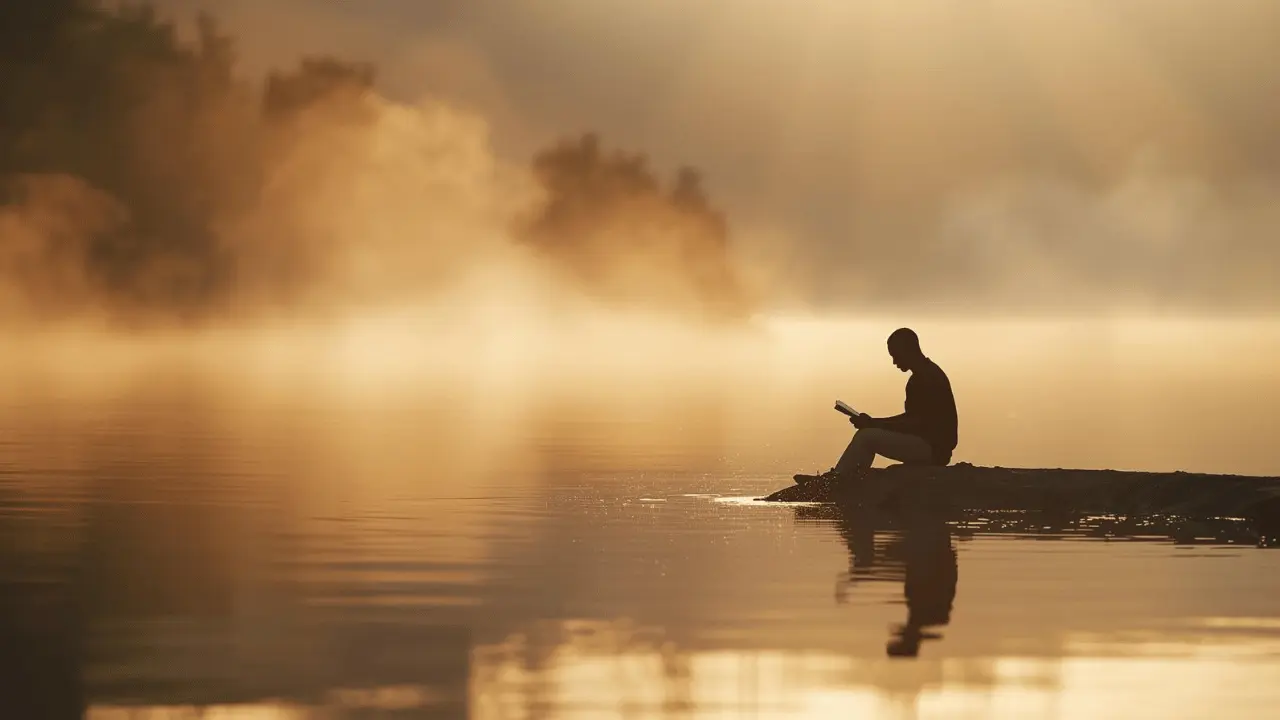 Peaceful sunrise over still waters symbolizing divine calm from Psalm 34