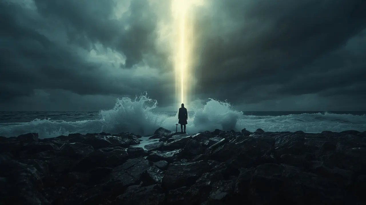 A person standing calmly in a storm, holding onto a light or cross, surrounded by waves but illuminated by soft divine light