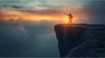 A person stands on a cliff at sunrise holding a glowing light that cuts through mist, symbolizing how hope is a powerful weapon against despair