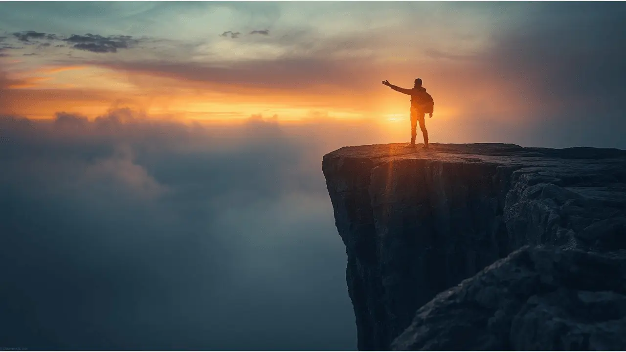 A person stands on a cliff at sunrise holding a glowing light that cuts through mist, symbolizing how hope is a powerful weapon against despair