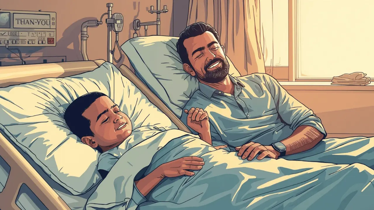 A relieved parent sits beside their recovering child in a hospital room, sunlight streaming in as they offer a quiet prayer of gratitude after surgery
