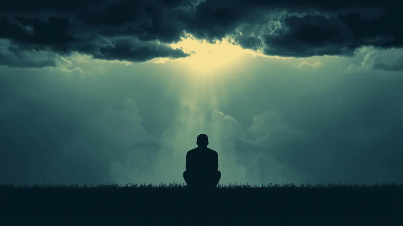 a person sitting beneath a cloudy sky with light breaking through, symbolizing wrestling with anger toward God and finding hope in the Psalms