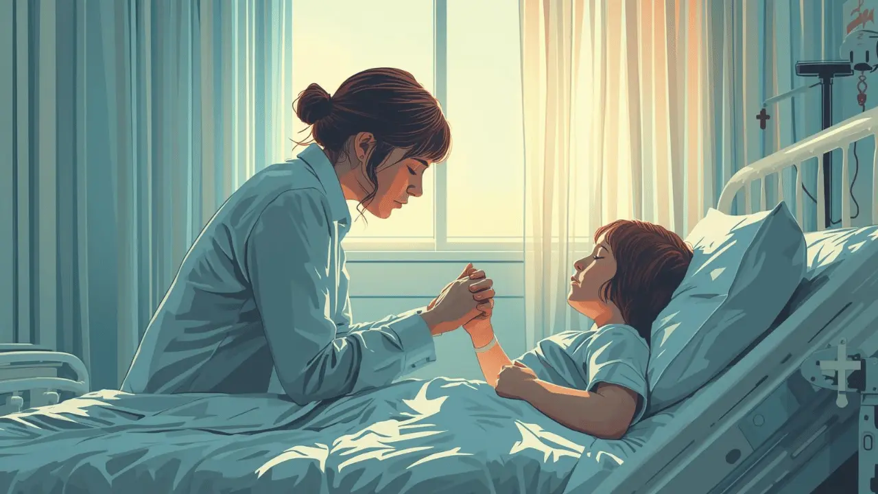 A mother holds her child’s hand beside a hospital bed, praying quietly before surgery, with morning light casting a calm glow across the room