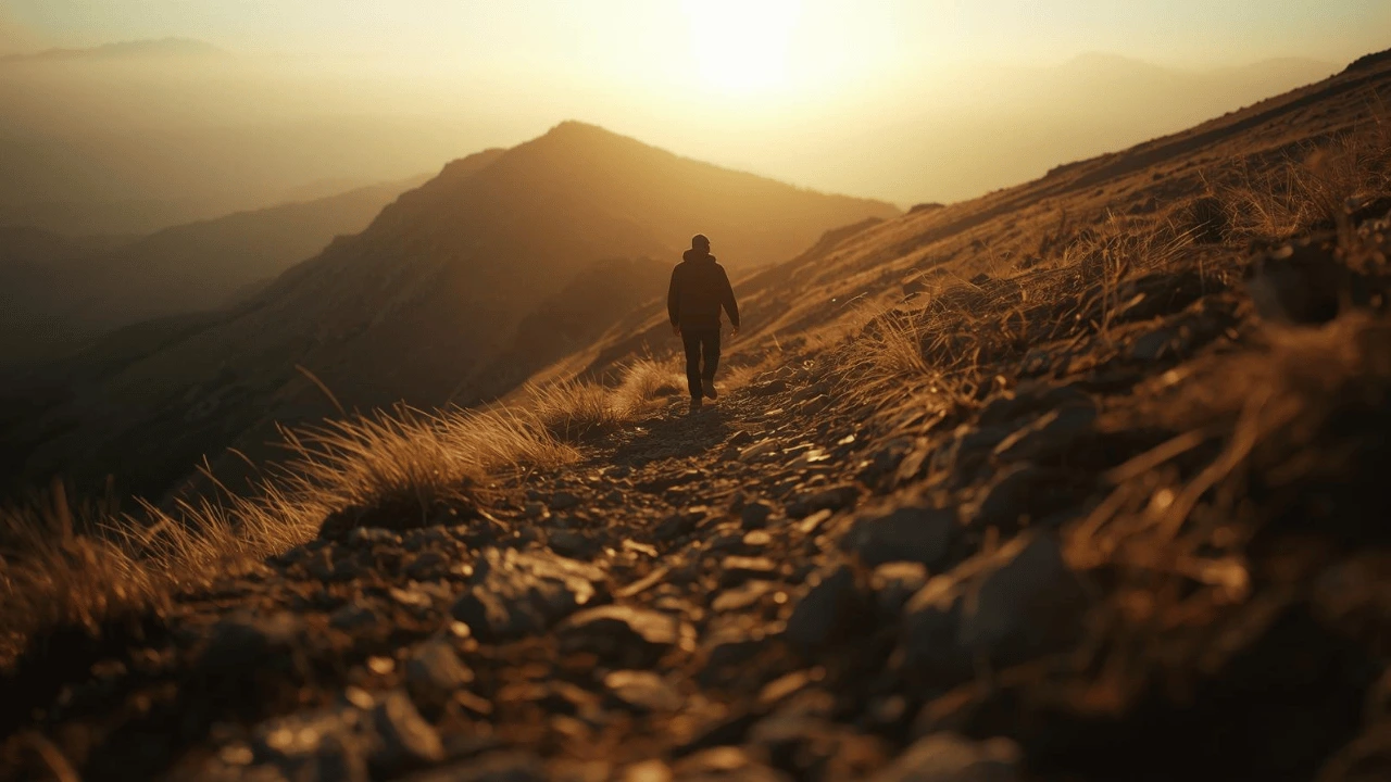 Hiker climbing a rocky path toward sunlight symbolizing perseverance and faith through life’s challenges