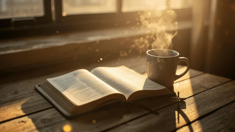Open Bible on a table beside a cup of coffee and morning light symbolizing hope and comfort through God’s Word