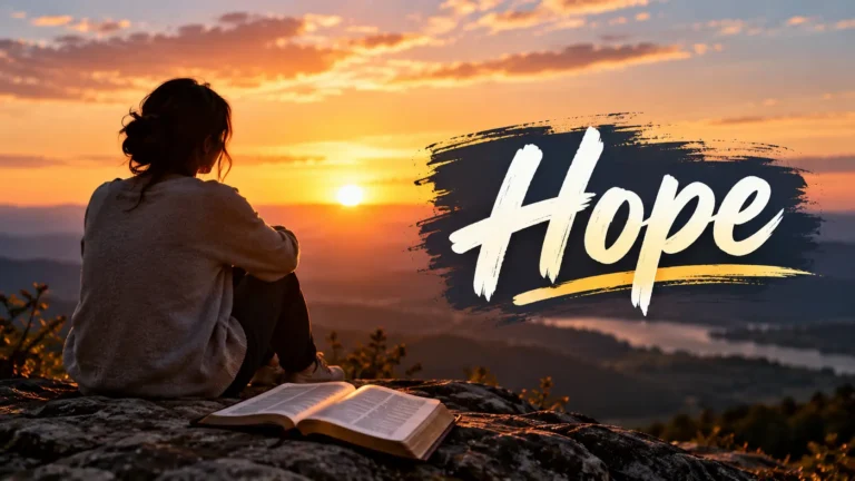 Woman sitting with an open Bible at sunset with the word Hope, illustrating Bible verses for discouragement.