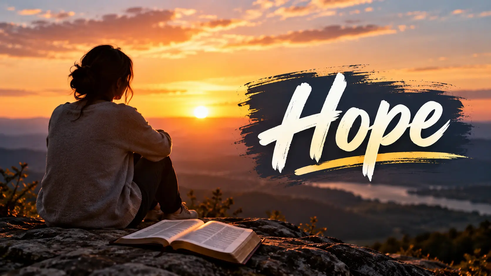 Woman sitting with an open Bible at sunset with the word Hope, illustrating Bible verses for discouragement.