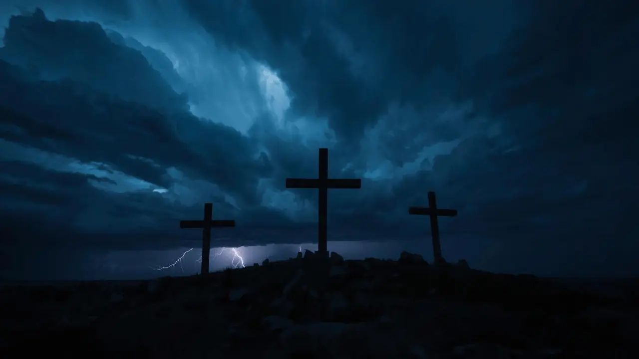 Dark clouds gather over three crosses on Calvary during the crucifixion, symbolizing the three hours of darkness