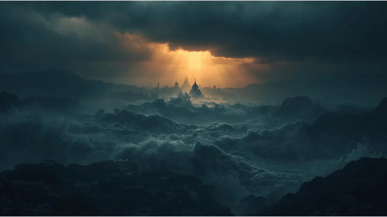 Storm over trembling mountains and roaring seas with light breaking through clouds — representing God’s unshakable presence in Psalm 46
