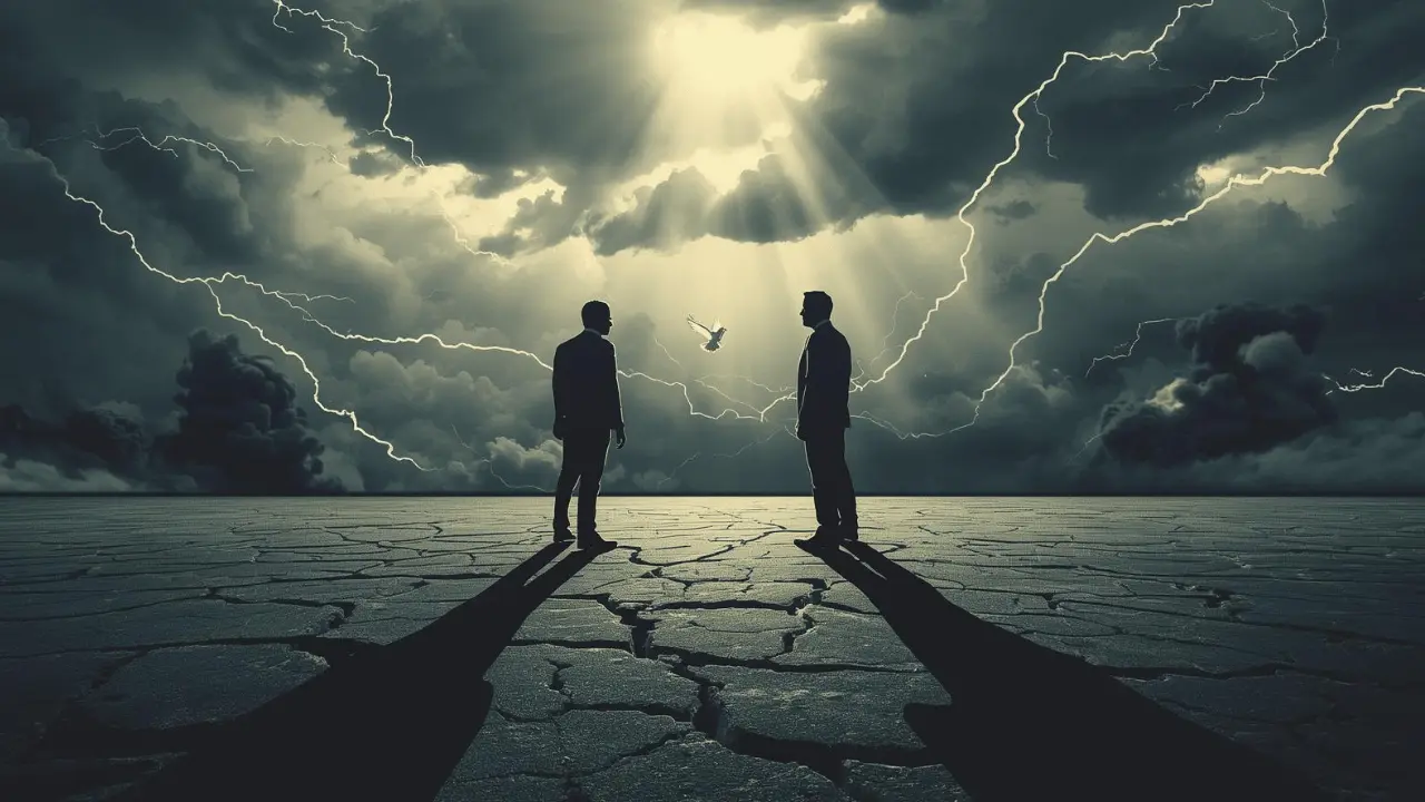 two figures standing apart against a stormy sky, one holding a flag of peace while distant smoke rises on the horizon