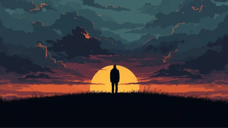 Silhouette of a person standing on a hill at dawn, gazing toward the rising light — symbolizing hope and faith as the world grows dark