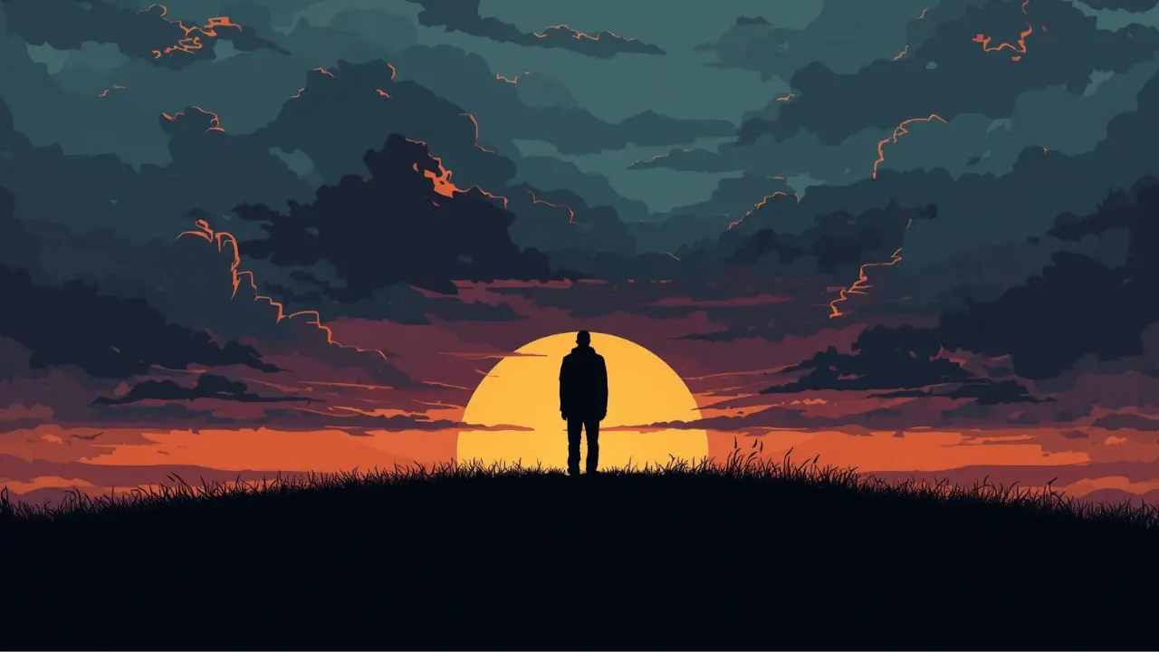 Silhouette of a person standing on a hill at dawn, gazing toward the rising light — symbolizing hope and faith as the world grows dark