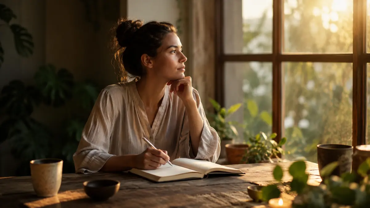 Woman reflecting in a journal by a sunlit window, representing the Four Agreements, inner peace, and self-awareness.