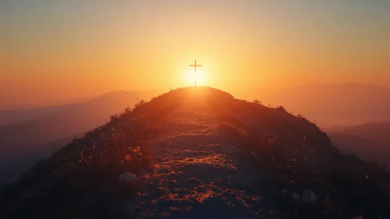 Four symbolic stages of Christian spiritual growth represented by a path leading toward a sunrise cross