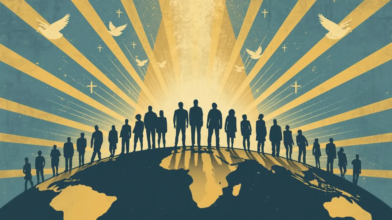 people from different cultures standing on a world map, hands lifted toward rays of light spreading across the sky