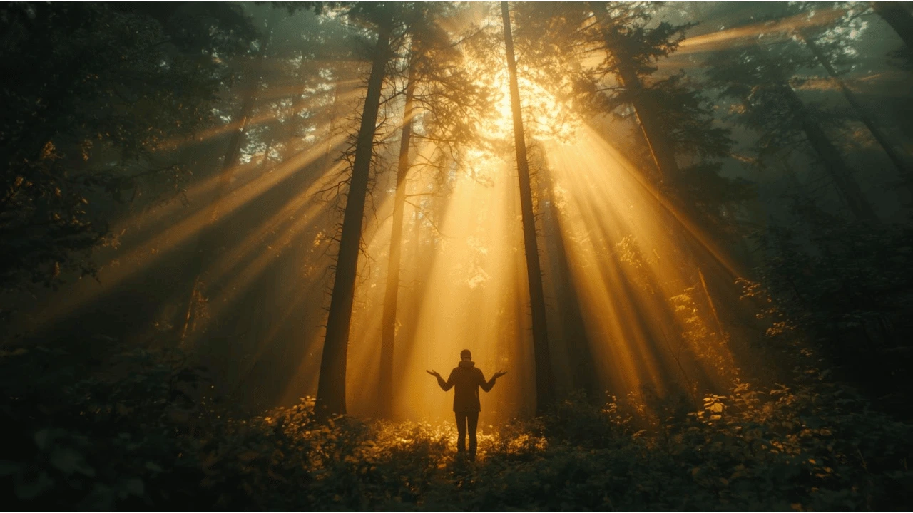 Light streaming through forest canopy as a person lifts their hands in prayer, representing renewal through the Holy Spirit