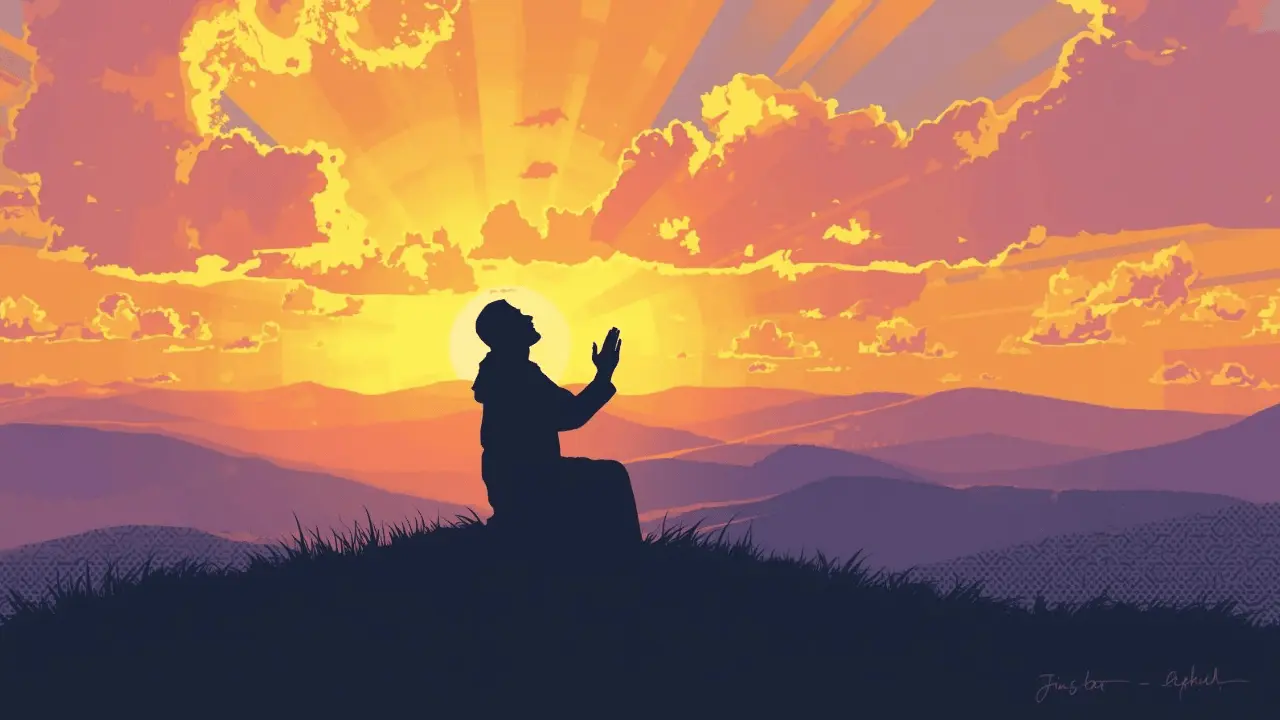 a worshipper kneeling with open hands beneath a radiant light, representing God’s presence through praise.