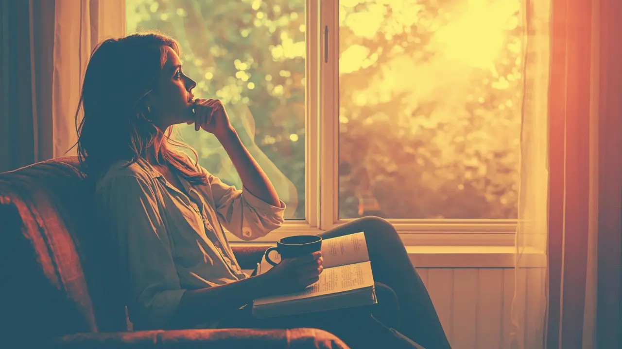 Morning devotion moment — a person sitting by a window with sunlight streaming in, lifting their eyes or praying with calm gratitude
