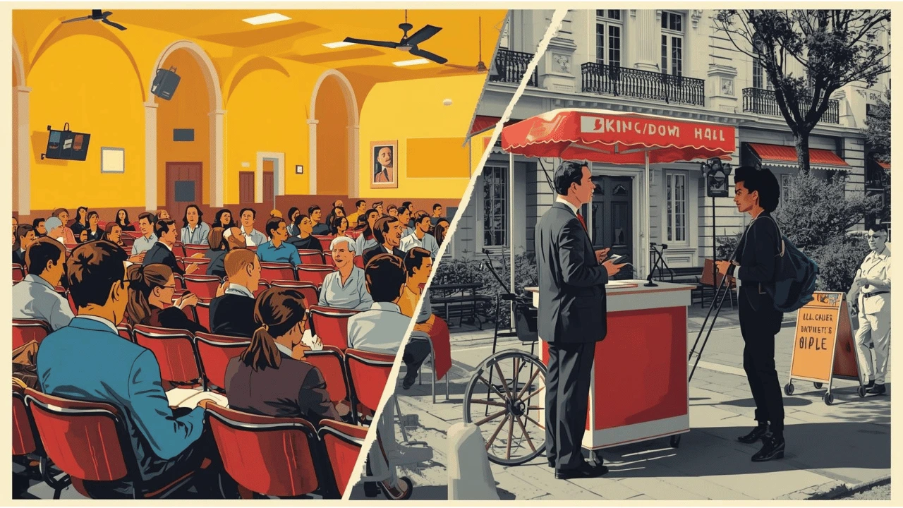 Jehovah’s Witnesses gathered at a Kingdom Hall for worship and Bible discussion