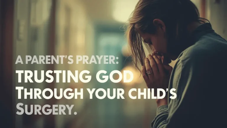 A parent sits in a softly lit hospital hallway, hands clasped in quiet prayer, with a Bible nearby. The warm light and stillness capture faith, hope, and love during a child’s surgery