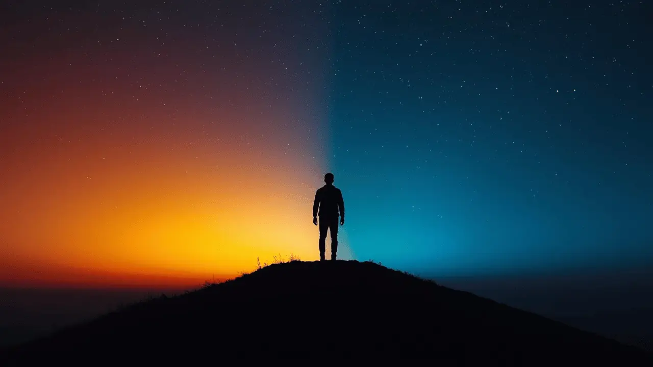 Silhouette of a person standing between sunrise and starry night skies, symbolizing God’s constant protection “now and forevermore” from Psalm 121